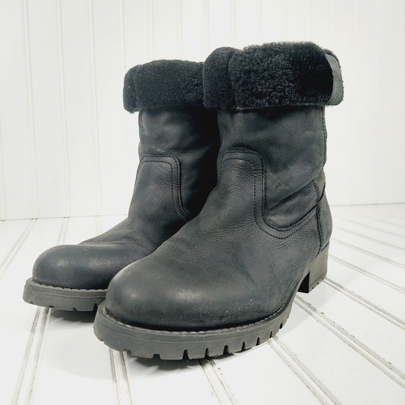 Aldo Black Leather Fur Top Trim Slip On Winter Ankle Boots F988 - Picture 2 of 12